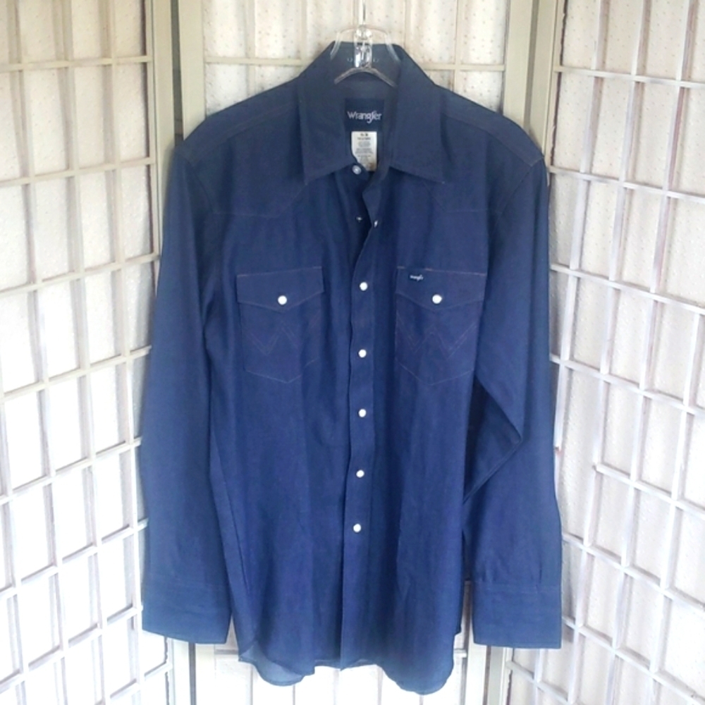 Wrangler vintage style blue denim snap button long sleeve mens shirt 16